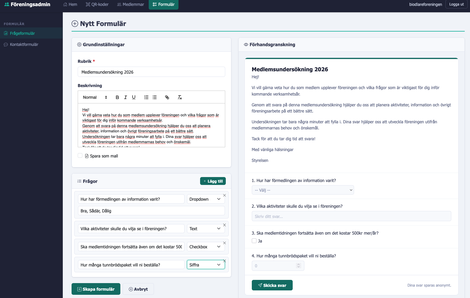 Skärmbild av formulärbyggaren med frågor, svarsalternativ och förhandsgranskning